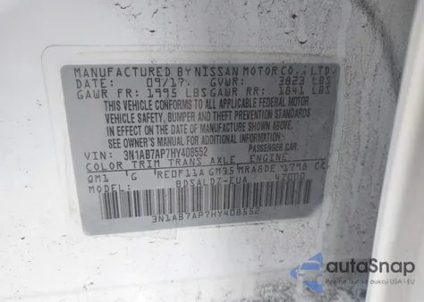 2017 Nissan Sentra Sv z USA, uszkodzony, nr VIN 3N1AB7AP7HY408552